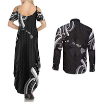 Traditional Art Hawaiian Kakau Tattoos Couples Matching Summer Maxi Dress and Long Sleeve Button Shirt White LT03 - Polynesian Pride