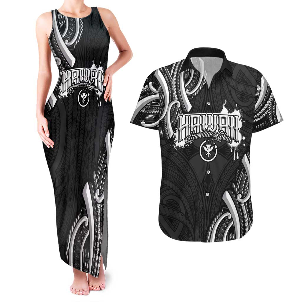 Traditional Art Hawaiian Kakau Tattoos Couples Matching Tank Maxi Dress and Hawaiian Shirt White LT03 White - Polynesian Pride