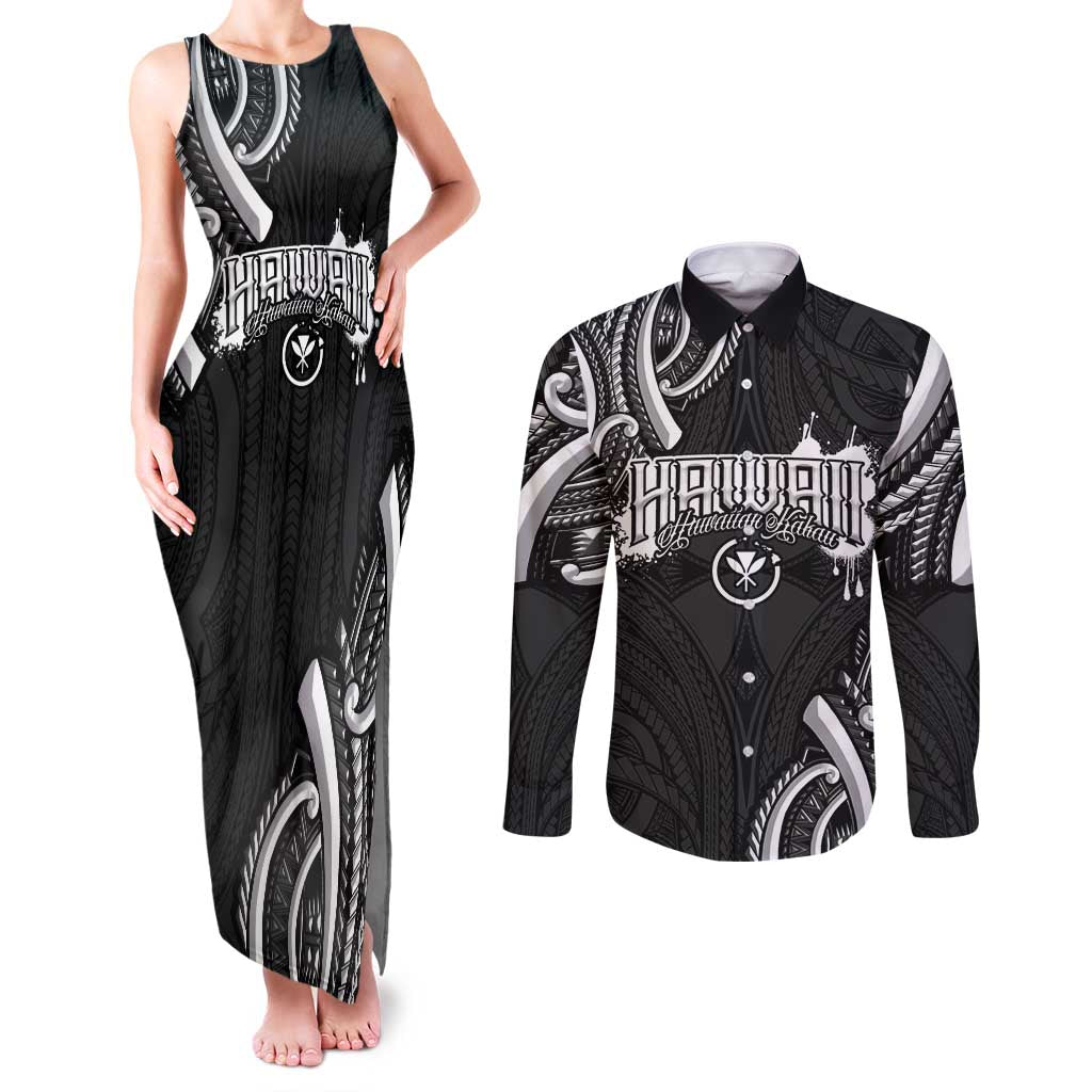 Traditional Art Hawaiian Kakau Tattoos Couples Matching Tank Maxi Dress and Long Sleeve Button Shirt White LT03 White - Polynesian Pride