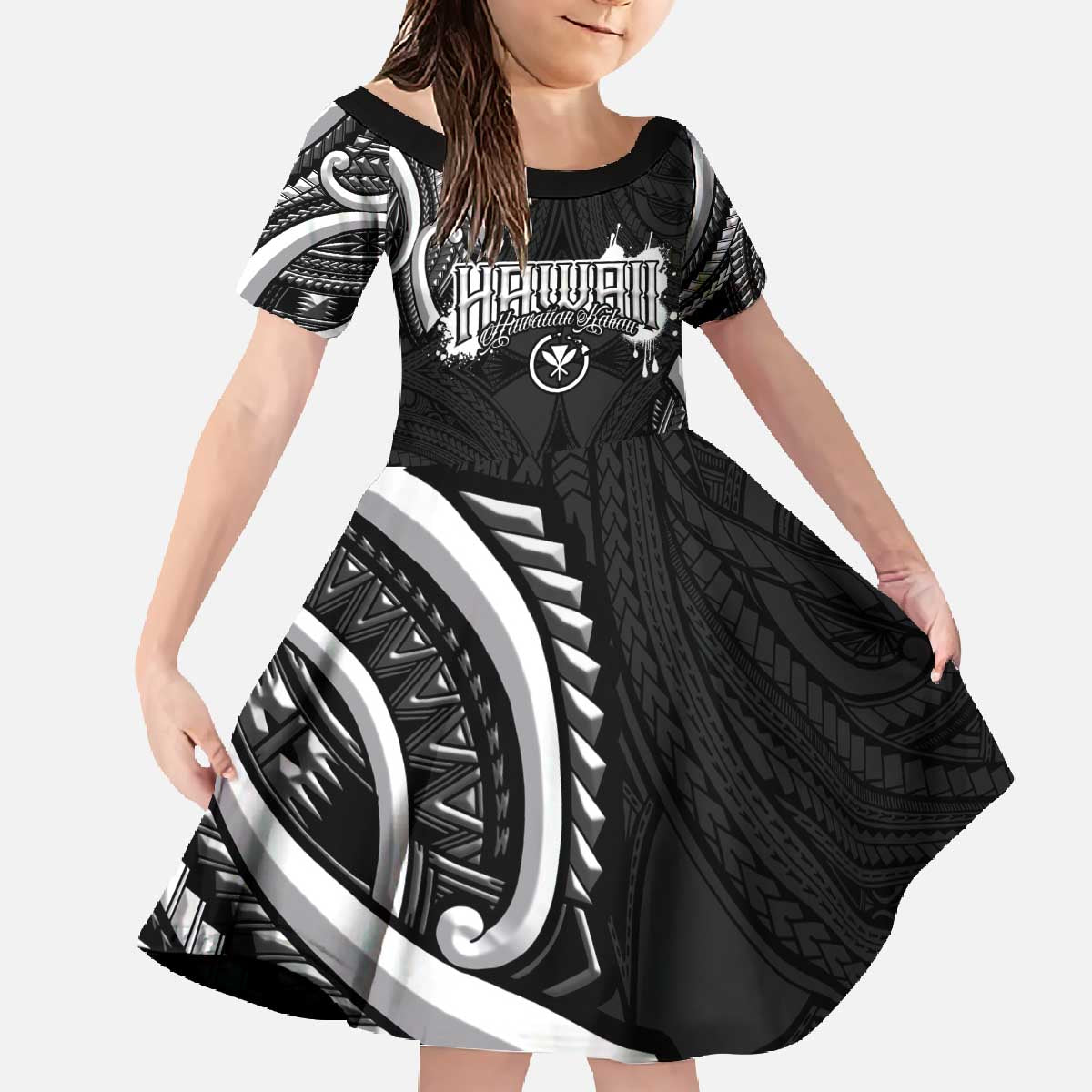 Traditional Art Hawaiian Kakau Tattoos Family Matching Off The Shoulder Long Sleeve Dress and Hawaiian Shirt White - Polynesian Pride