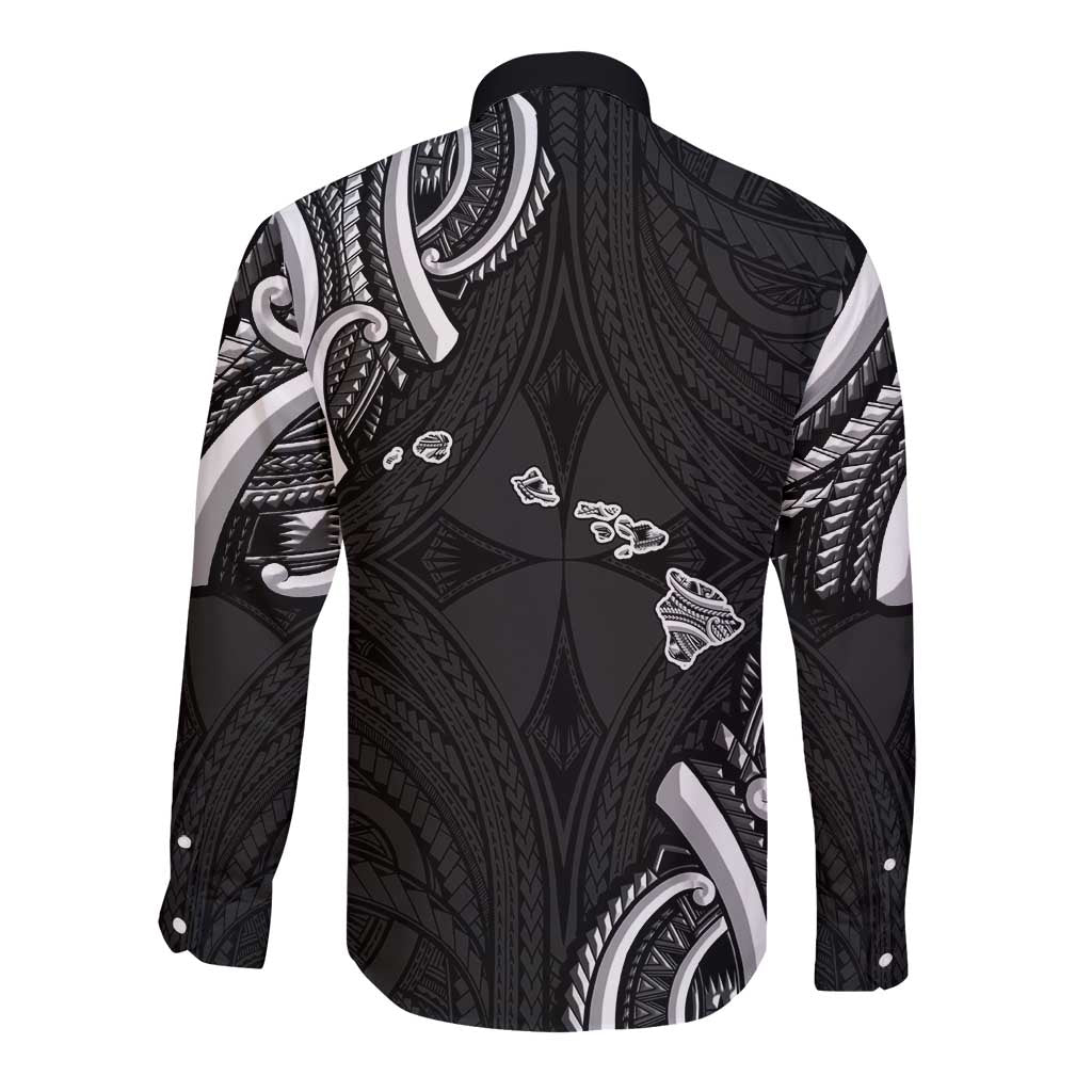 Traditional Art Hawaiian Kakau Tattoos Long Sleeve Button Shirt White LT03 - Polynesian Pride