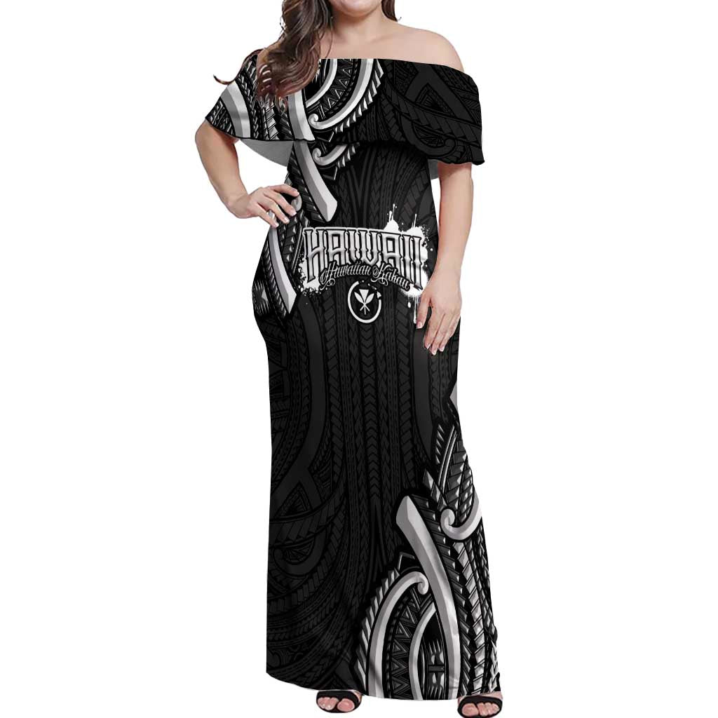 Traditional Art Hawaiian Kakau Tattoos Off Shoulder Maxi Dress White - Polynesian Pride