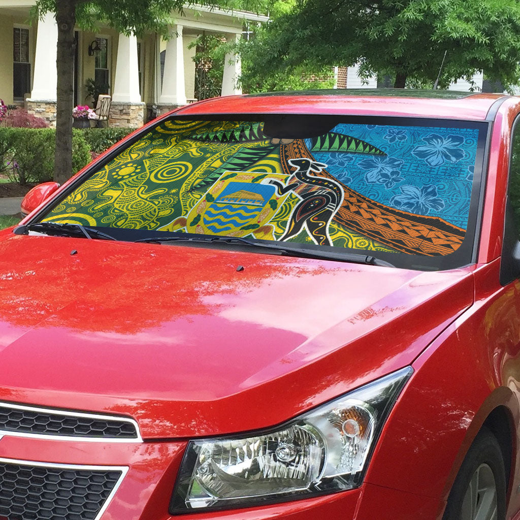 Tuvalu and Australia Together Auto Sun Shade Tapa Pattern and Aboriginal mix Culture LT03 - Polynesian Pride
