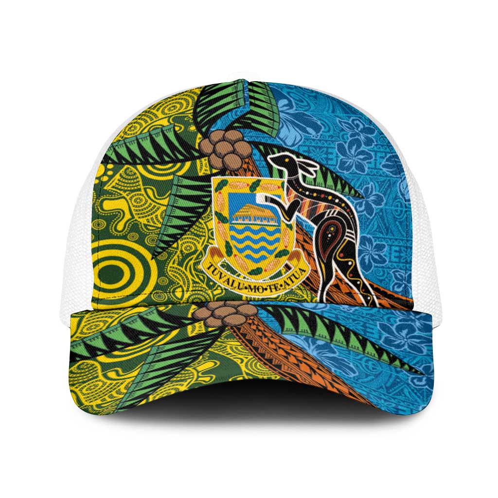 Tuvalu and Australia Together Baseball Net Cap Tapa Pattern and Aboriginal mix Culture LT03 One Size White Multicolor - Polynesian Pride