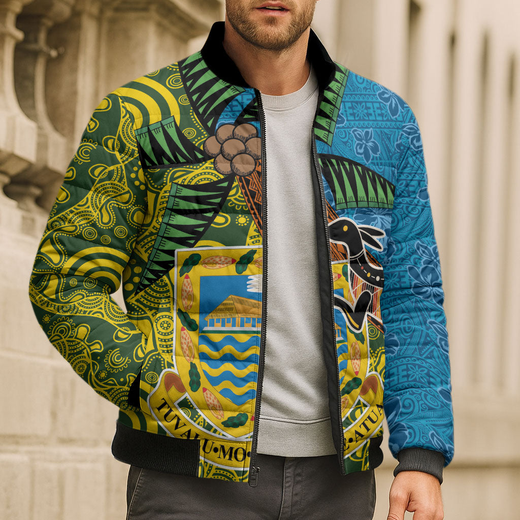 Tuvalu and Australia Together Bomber Puffer Jacket Tapa Pattern and Aboriginal mix Culture LT03 - Polynesian Pride