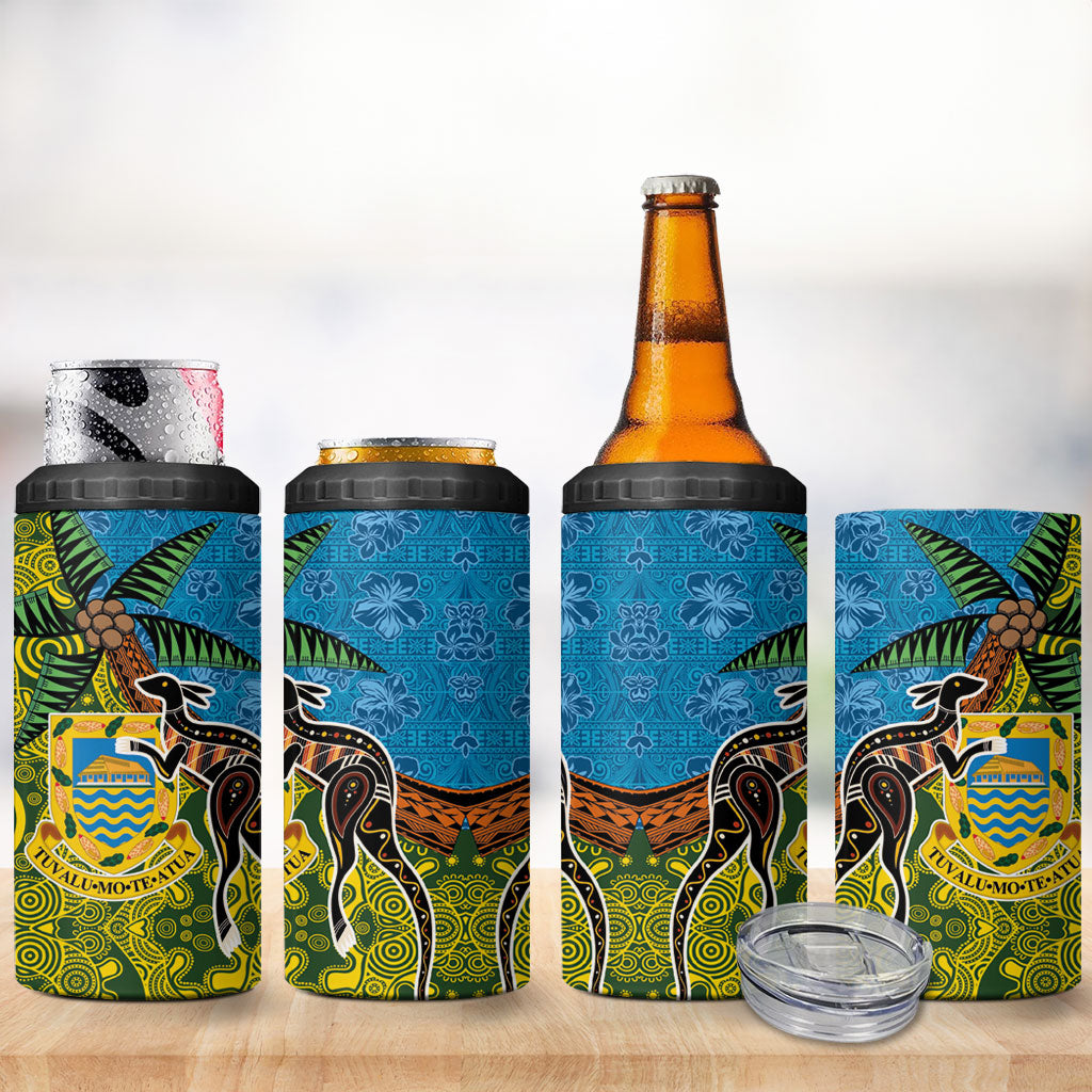 Tuvalu and Australia Together 4 in 1 Can Cooler Tumbler Tapa Pattern and Aboriginal mix Culture LT03 - Polynesian Pride