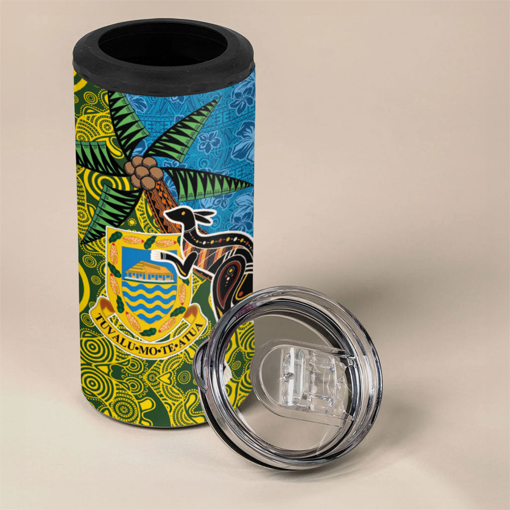 Tuvalu and Australia Together 4 in 1 Can Cooler Tumbler Tapa Pattern and Aboriginal mix Culture LT03 - Polynesian Pride
