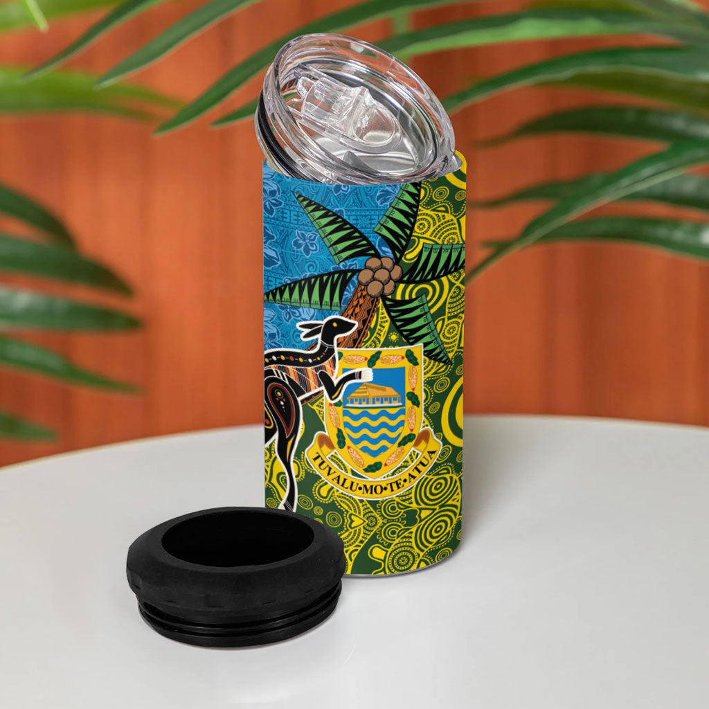 Tuvalu and Australia Together 4 in 1 Can Cooler Tumbler Tapa Pattern and Aboriginal mix Culture LT03 - Polynesian Pride