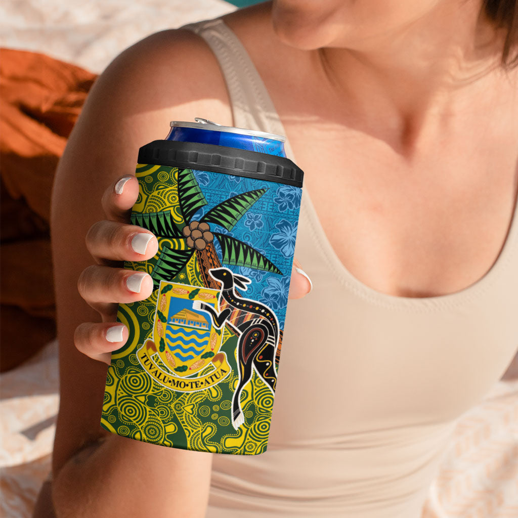 Tuvalu and Australia Together 4 in 1 Can Cooler Tumbler Tapa Pattern and Aboriginal mix Culture LT03 - Polynesian Pride