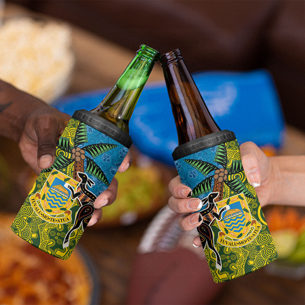 Tuvalu and Australia Together 4 in 1 Can Cooler Tumbler Tapa Pattern and Aboriginal mix Culture LT03 - Polynesian Pride