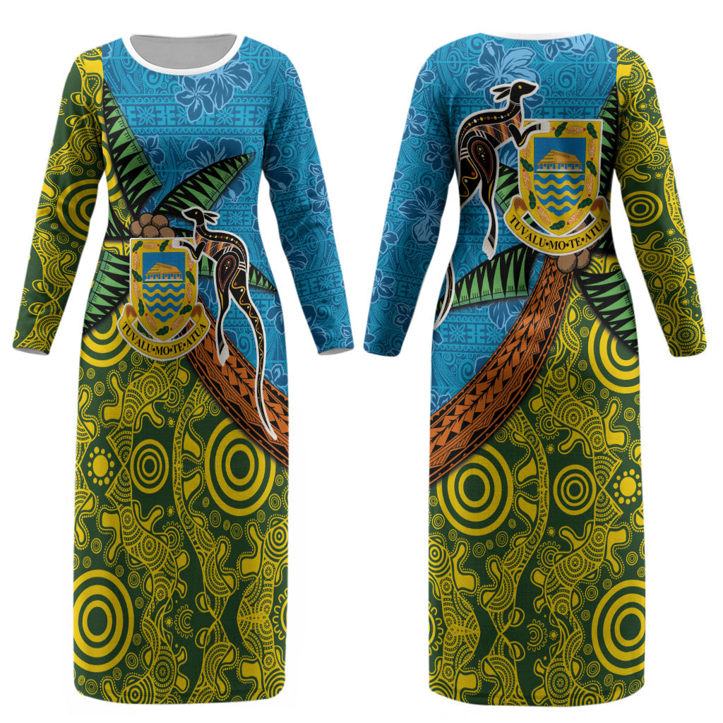 Tuvalu and Australia Together Couples Matching Long Sleeve Bodycon Dress and Hawaiian Shirt Tapa Pattern and Aboriginal mix Culture LT03 - Polynesian Pride
