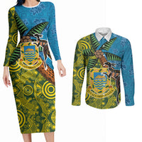 Tuvalu and Australia Together Couples Matching Long Sleeve Bodycon Dress and Long Sleeve Button Shirt Tapa Pattern and Aboriginal mix Culture LT03 Multicolor - Polynesian Pride