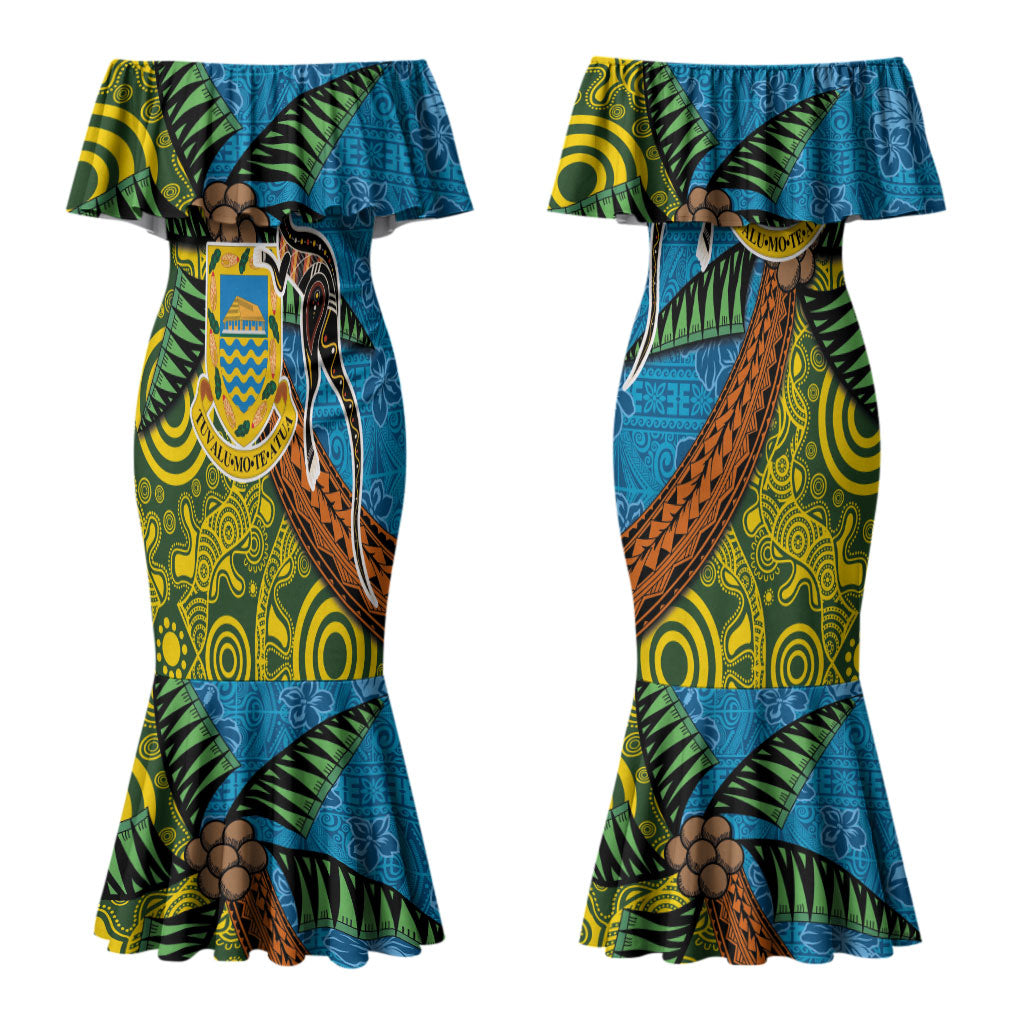 Tuvalu and Australia Together Couples Matching Mermaid Dress and Long Sleeve Button Shirt Tapa Pattern and Aboriginal mix Culture LT03 - Polynesian Pride
