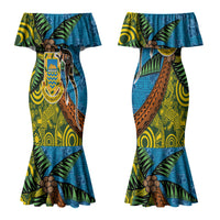 Tuvalu and Australia Together Couples Matching Mermaid Dress and Long Sleeve Button Shirt Tapa Pattern and Aboriginal mix Culture LT03 - Polynesian Pride
