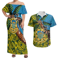 Tuvalu and Australia Together Couples Matching Off Shoulder Maxi Dress and Hawaiian Shirt Tapa Pattern and Aboriginal mix Culture LT03 Multicolor - Polynesian Pride