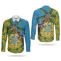 Tuvalu and Australia Together Couples Matching Off Shoulder Maxi Dress and Long Sleeve Button Shirt Tapa Pattern and Aboriginal mix Culture LT03 - Polynesian Pride