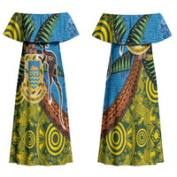 Tuvalu and Australia Together Couples Matching Off Shoulder Maxi Dress and Long Sleeve Button Shirt Tapa Pattern and Aboriginal mix Culture LT03 - Polynesian Pride