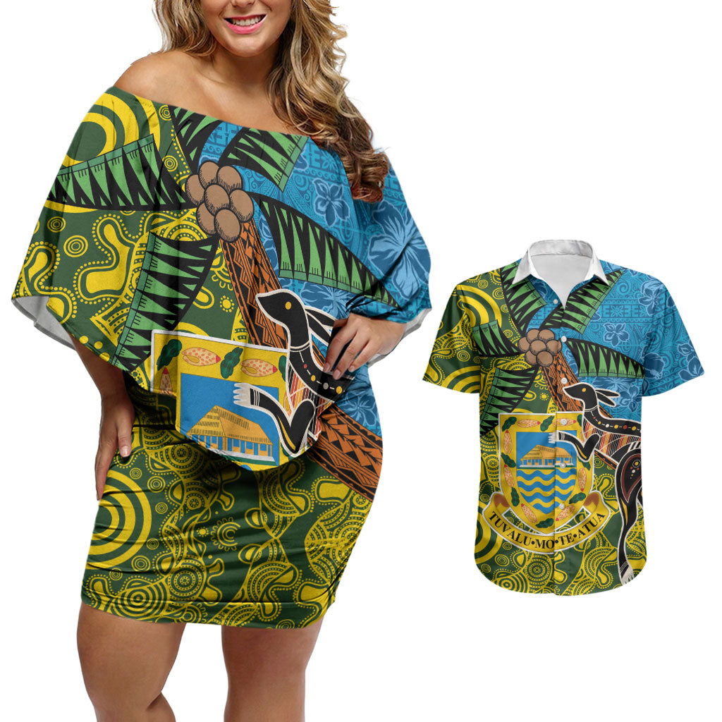 Tuvalu and Australia Together Couples Matching Off Shoulder Short Dress and Hawaiian Shirt Tapa Pattern and Aboriginal mix Culture LT03 Multicolor - Polynesian Pride