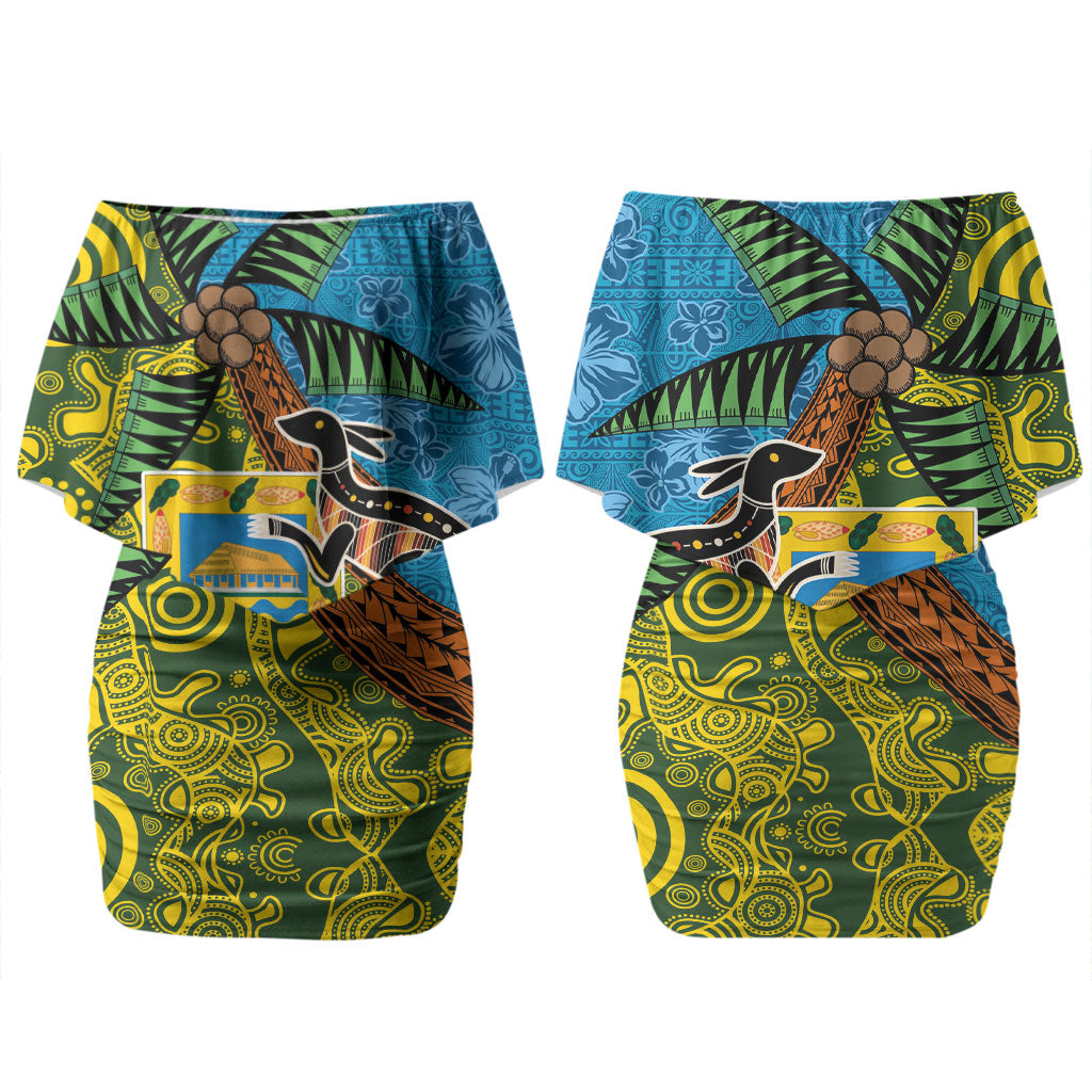 Tuvalu and Australia Together Couples Matching Off Shoulder Short Dress and Hawaiian Shirt Tapa Pattern and Aboriginal mix Culture LT03 - Polynesian Pride