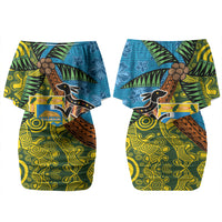 Tuvalu and Australia Together Couples Matching Off Shoulder Short Dress and Hawaiian Shirt Tapa Pattern and Aboriginal mix Culture LT03 - Polynesian Pride
