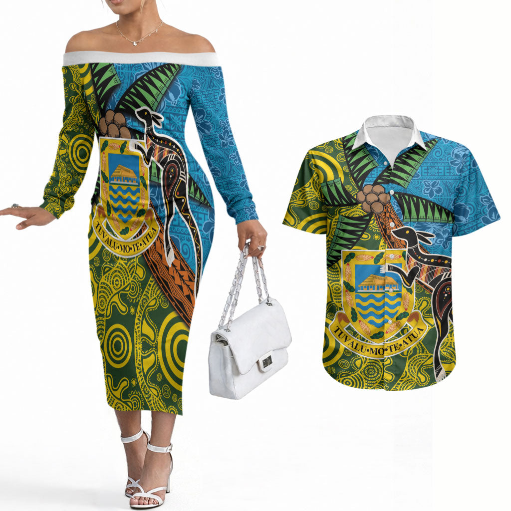 Tuvalu and Australia Together Couples Matching Off The Shoulder Long Sleeve Dress and Hawaiian Shirt Tapa Pattern and Aboriginal mix Culture LT03 Multicolor - Polynesian Pride
