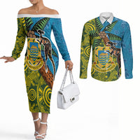 Tuvalu and Australia Together Couples Matching Off The Shoulder Long Sleeve Dress and Long Sleeve Button Shirt Tapa Pattern and Aboriginal mix Culture LT03 Multicolor - Polynesian Pride