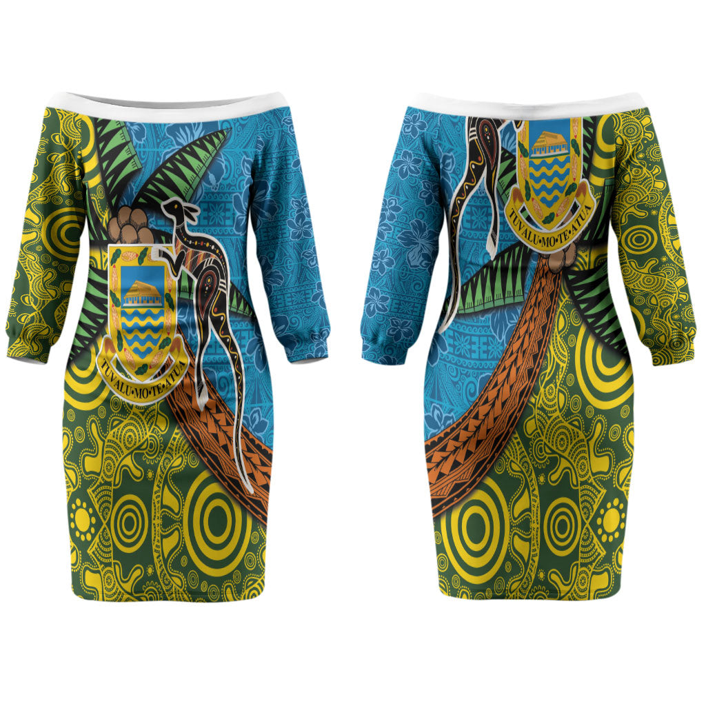 Tuvalu and Australia Together Couples Matching Off The Shoulder Long Sleeve Dress and Long Sleeve Button Shirt Tapa Pattern and Aboriginal mix Culture LT03 - Polynesian Pride