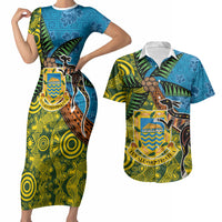 Tuvalu and Australia Together Couples Matching Short Sleeve Bodycon Dress and Hawaiian Shirt Tapa Pattern and Aboriginal mix Culture LT03 Multicolor - Polynesian Pride