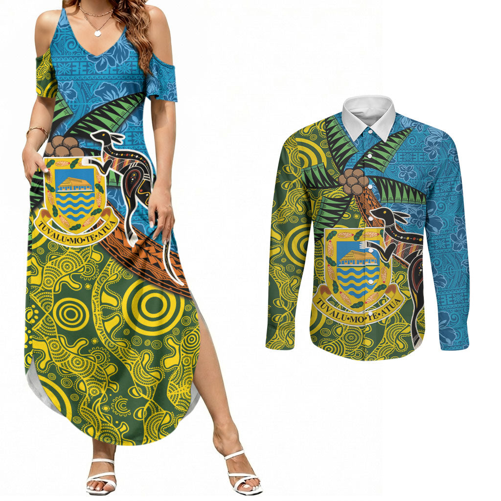 Tuvalu and Australia Together Couples Matching Summer Maxi Dress and Long Sleeve Button Shirt Tapa Pattern and Aboriginal mix Culture LT03 Multicolor - Polynesian Pride
