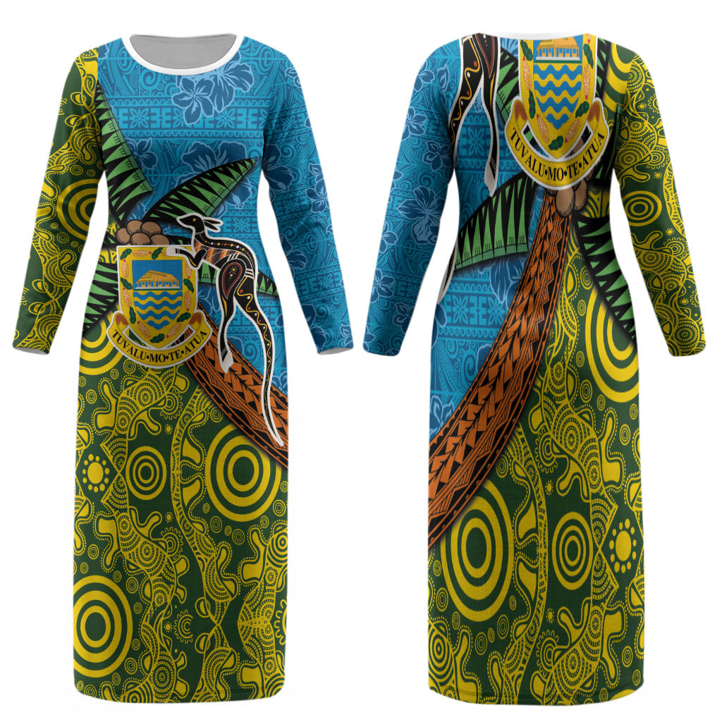 Tuvalu and Australia Together Family Matching Long Sleeve Bodycon Dress and Hawaiian Shirt Tapa Pattern and Aboriginal mix Culture LT03 Mom's Dress Multicolor - Polynesian Pride