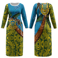 Tuvalu and Australia Together Family Matching Long Sleeve Bodycon Dress and Hawaiian Shirt Tapa Pattern and Aboriginal mix Culture LT03 Mom's Dress Multicolor - Polynesian Pride