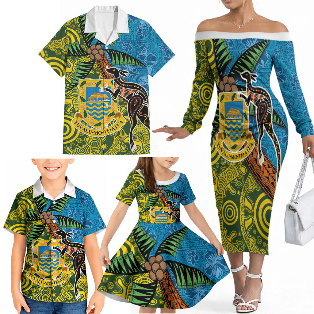 Tuvalu and Australia Together Family Matching Off The Shoulder Long Sleeve Dress and Hawaiian Shirt Tapa Pattern and Aboriginal mix Culture LT03 - Polynesian Pride