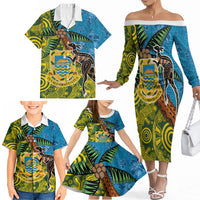 Tuvalu and Australia Together Family Matching Off The Shoulder Long Sleeve Dress and Hawaiian Shirt Tapa Pattern and Aboriginal mix Culture LT03 - Polynesian Pride