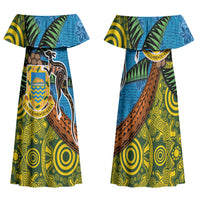 Tuvalu and Australia Together Family Matching Off Shoulder Maxi Dress and Hawaiian Shirt Tapa Pattern and Aboriginal mix Culture LT03 Mom's Dress Multicolor - Polynesian Pride