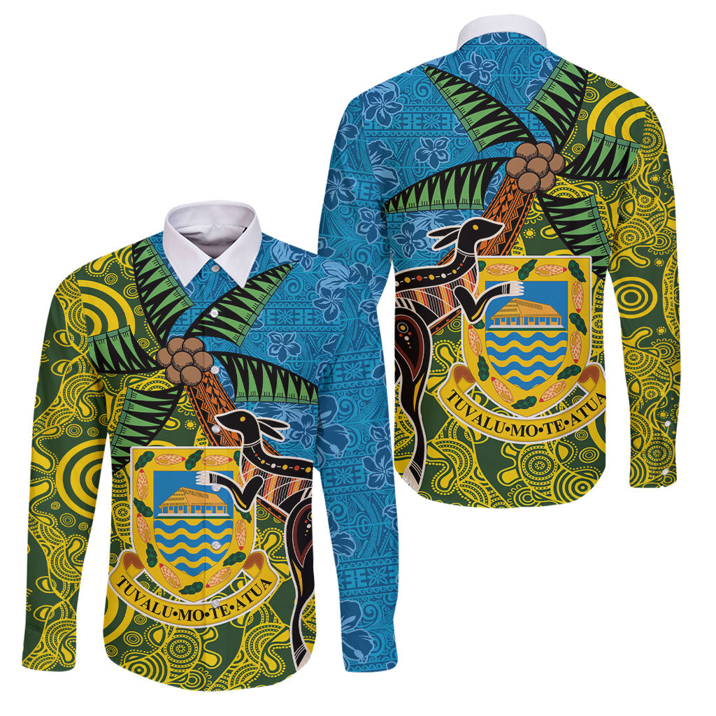 Tuvalu and Australia Together Family Matching Off Shoulder Maxi Dress and Hawaiian Shirt Tapa Pattern and Aboriginal mix Culture LT03 Dad's Shirt - Long Sleeve Multicolor - Polynesian Pride