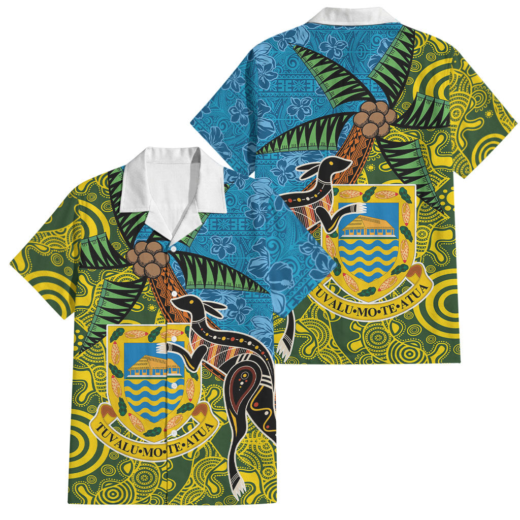 Tuvalu and Australia Together Family Matching Off Shoulder Short Dress and Hawaiian Shirt Tapa Pattern and Aboriginal mix Culture LT03 Dad's Shirt - Short Sleeve Multicolor - Polynesian Pride