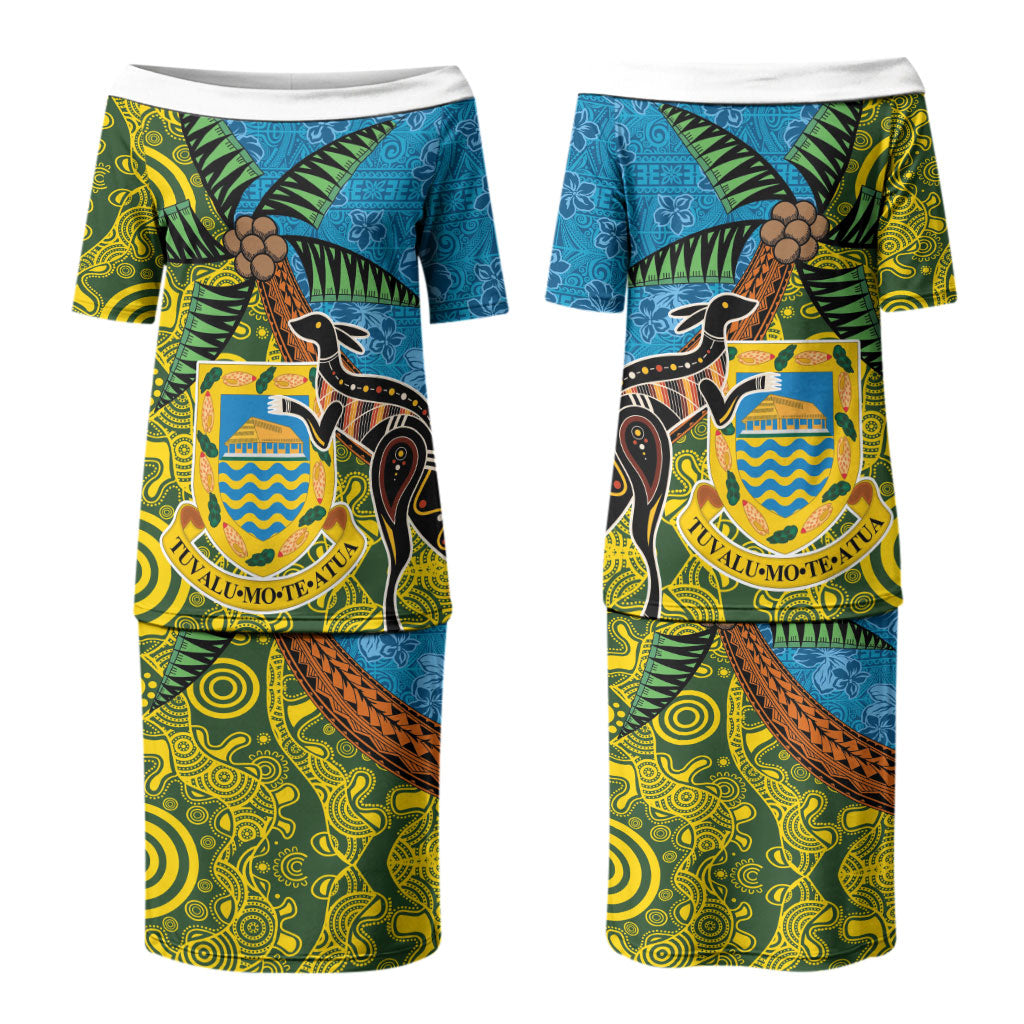 Tuvalu and Australia Together Family Matching Puletasi and Hawaiian Shirt Tapa Pattern and Aboriginal mix Culture LT03 Mom's Dress Multicolor - Polynesian Pride