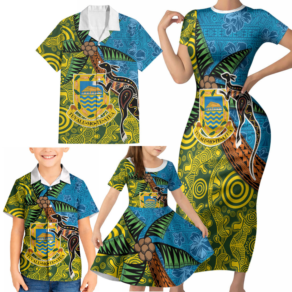 Tuvalu and Australia Together Family Matching Short Sleeve Bodycon Dress and Hawaiian Shirt Tapa Pattern and Aboriginal mix Culture LT03 - Polynesian Pride