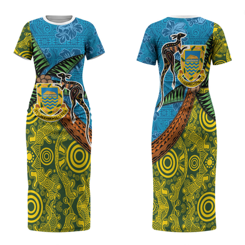 Tuvalu and Australia Together Family Matching Short Sleeve Bodycon Dress and Hawaiian Shirt Tapa Pattern and Aboriginal mix Culture LT03 Mom's Dress Multicolor - Polynesian Pride