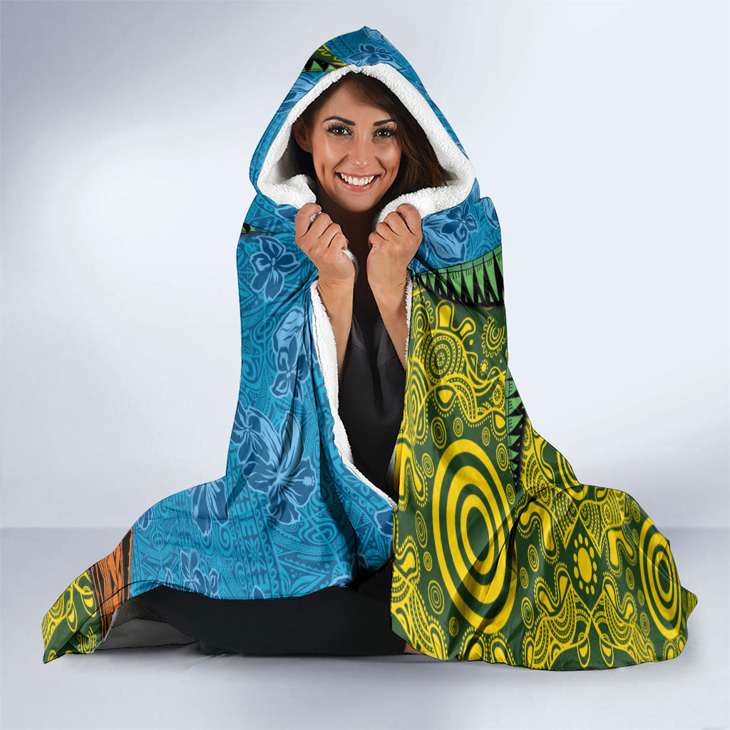 Tuvalu and Australia Together Hooded Blanket Tapa Pattern and Aboriginal mix Culture LT03 - Polynesian Pride