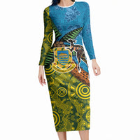 Tuvalu and Australia Together Long Sleeve Bodycon Dress Tapa Pattern and Aboriginal mix Culture LT03 Long Dress Multicolor - Polynesian Pride