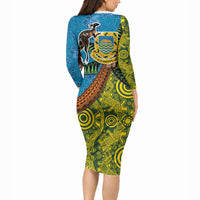 Tuvalu and Australia Together Long Sleeve Bodycon Dress Tapa Pattern and Aboriginal mix Culture LT03 - Polynesian Pride