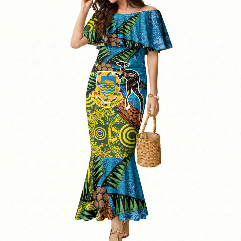 Tuvalu and Australia Together Mermaid Dress Tapa Pattern and Aboriginal mix Culture LT03 Women Multicolor - Polynesian Pride