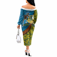Tuvalu and Australia Together Off The Shoulder Long Sleeve Dress Tapa Pattern and Aboriginal mix Culture LT03 - Polynesian Pride