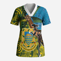 Tuvalu and Australia Together Scrub Top Tapa Pattern and Aboriginal mix Culture LT03 Adult Multicolor - Polynesian Pride