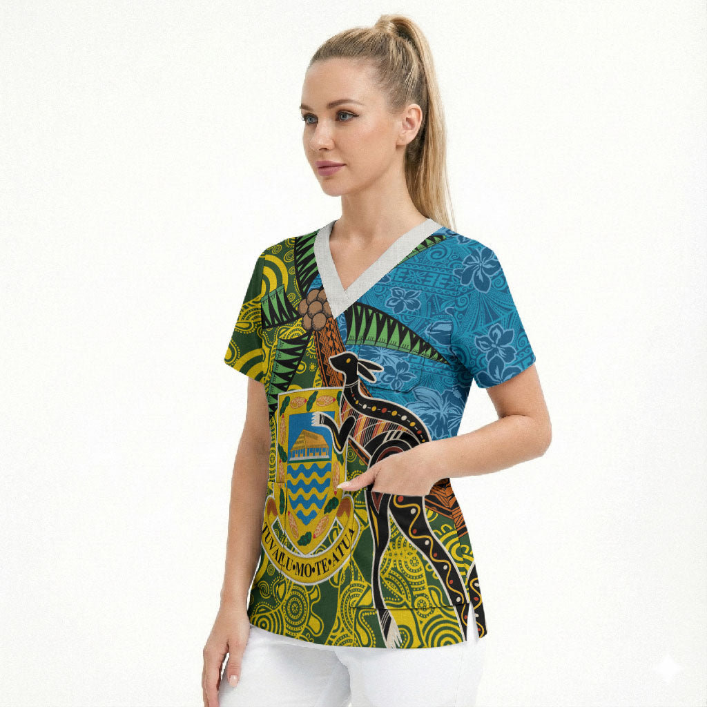 Tuvalu and Australia Together Scrub Top Tapa Pattern and Aboriginal mix Culture LT03 - Polynesian Pride