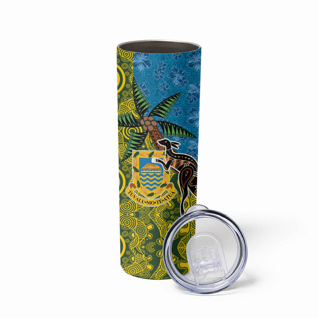 Tuvalu and Australia Together Skinny Tumbler Tapa Pattern and Aboriginal mix Culture LT03 - Polynesian Pride