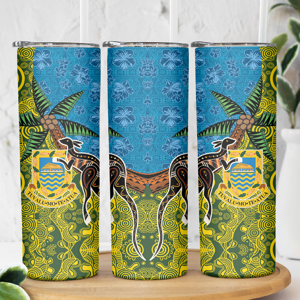Tuvalu and Australia Together Skinny Tumbler Tapa Pattern and Aboriginal mix Culture LT03 - Polynesian Pride