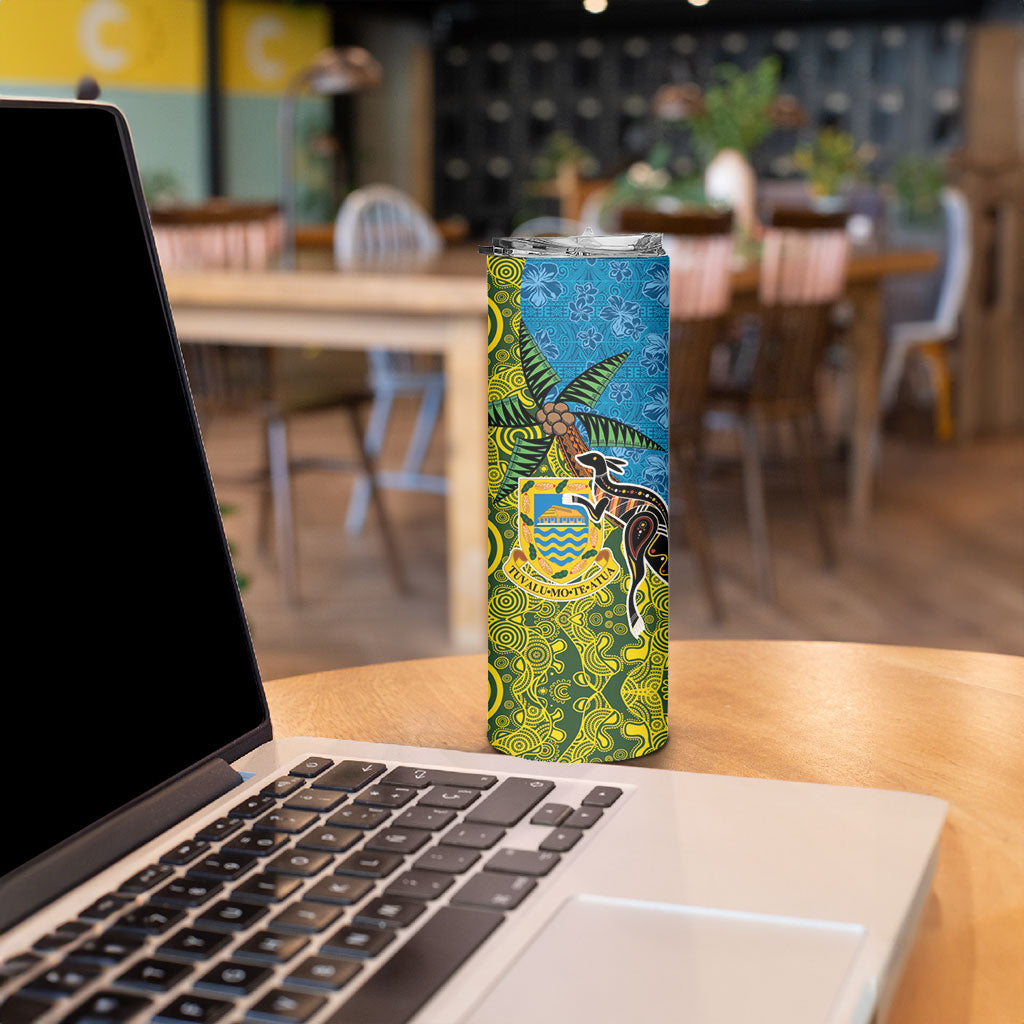 Tuvalu and Australia Together Skinny Tumbler Tapa Pattern and Aboriginal mix Culture LT03 - Polynesian Pride