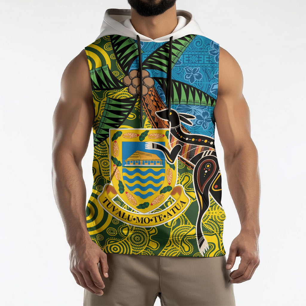 Tuvalu and Australia Together Sleeveless Hoodie Tapa Pattern and Aboriginal mix Culture LT03 - Polynesian Pride